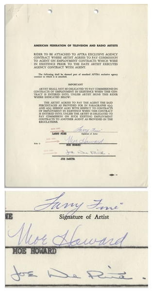 Three Stooges AFTRA Agreement Signed by Moe Howard, Larry Fine & Joe DeRita From January 1959 -- Single Page Measures 8.5'' x 11'' Sheets -- Very Good Condition